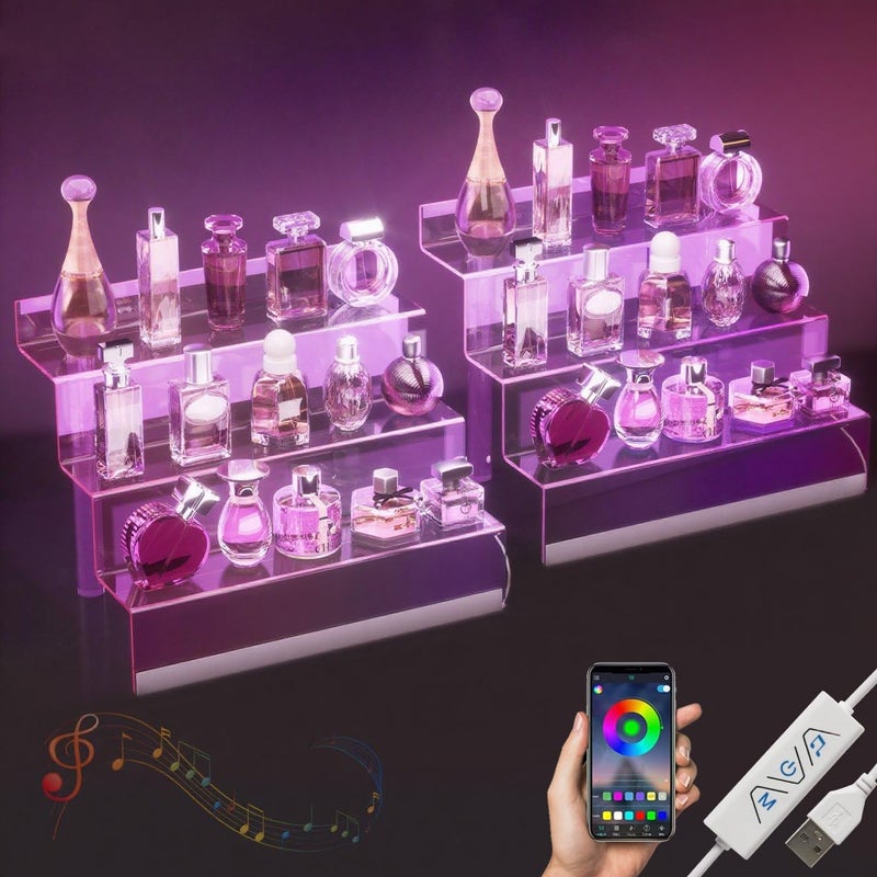 Golener 12” Acrylic Display Organizer with LED Light - 3 Tier Perfume Stand and Display Step Shelves Holder, Cologne Organizer for Men, Figures Stand, Porta Perfumes Para Tocador, Clear Riser, 2 Pack Stands - Image 1